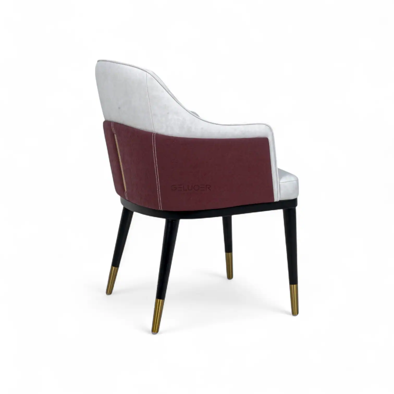 Elegant modern armchair with white and maroon upholstery, stylish gold-tipped legs, perfect for contemporary home decor.