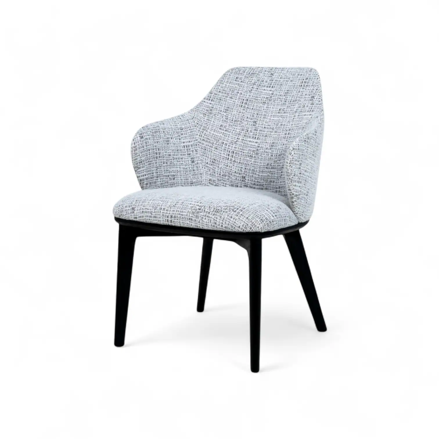 Elegant Modern Accent Chair with Black Wooden Legs and White Fabric Upholstery.