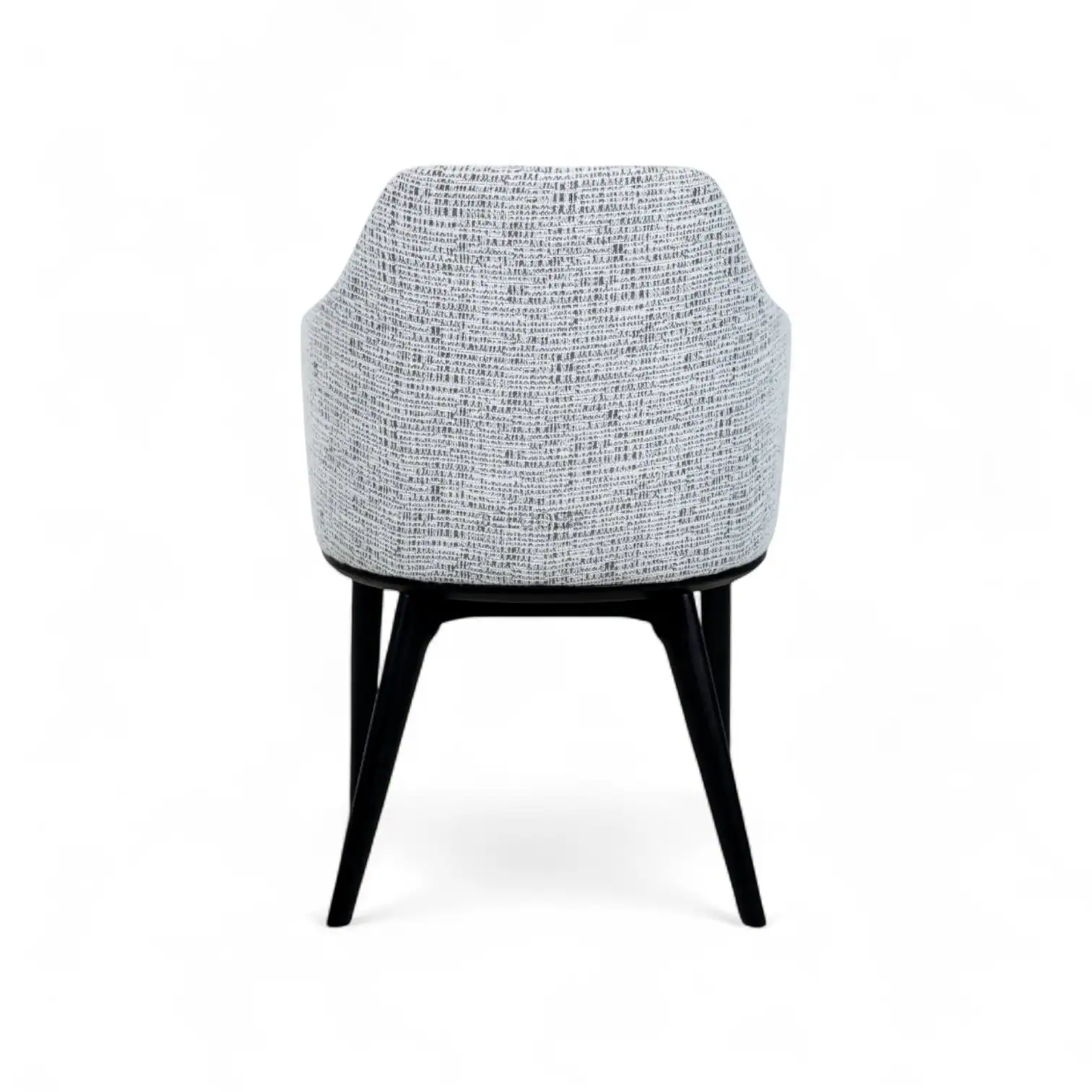 Contemporary upholstered dining chair with black wooden legs and textured gray fabric.