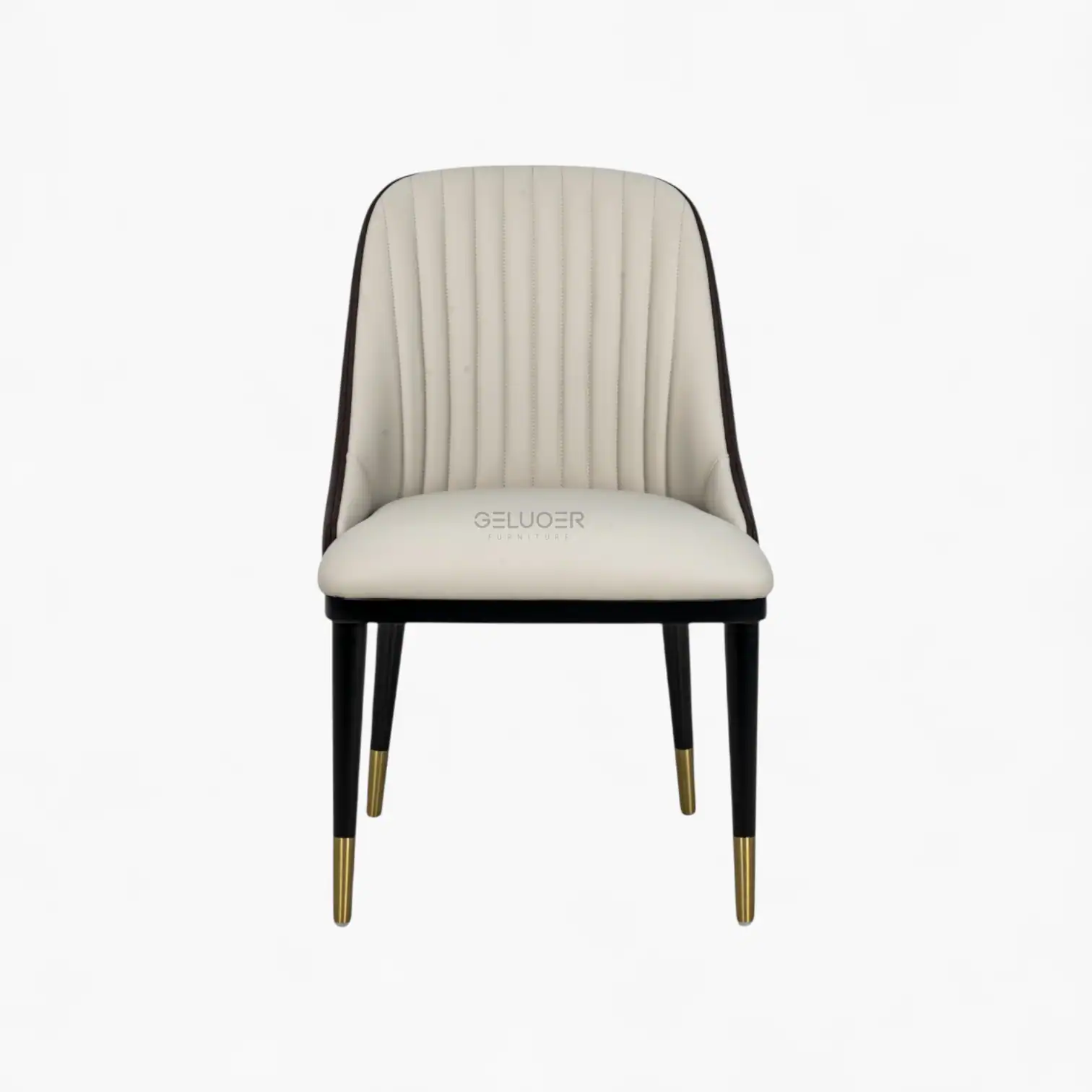 Luxury modern dining chair with black gold accents, upholstered in high-quality white leather, stylish design.