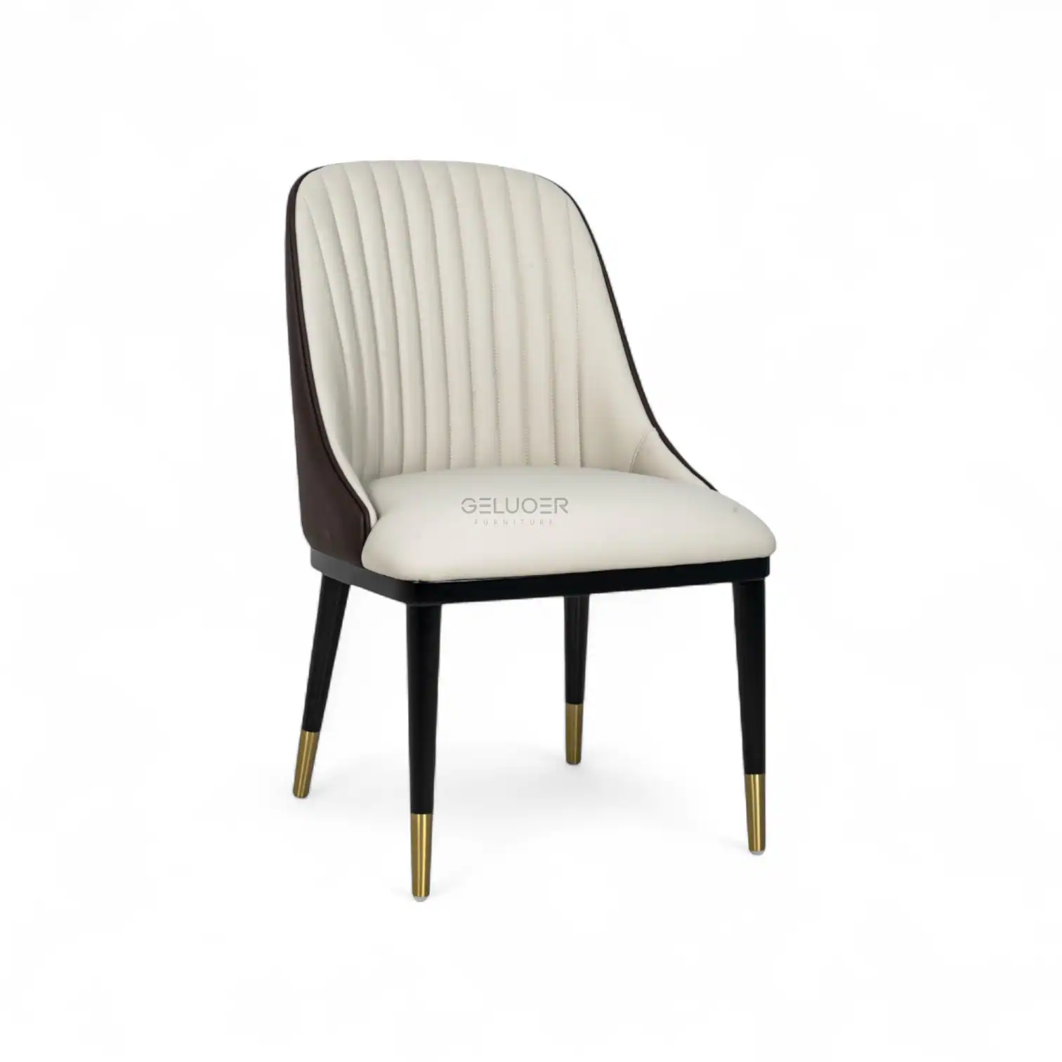 Elegant modern dining chair with cream upholstery and black wooden legs.