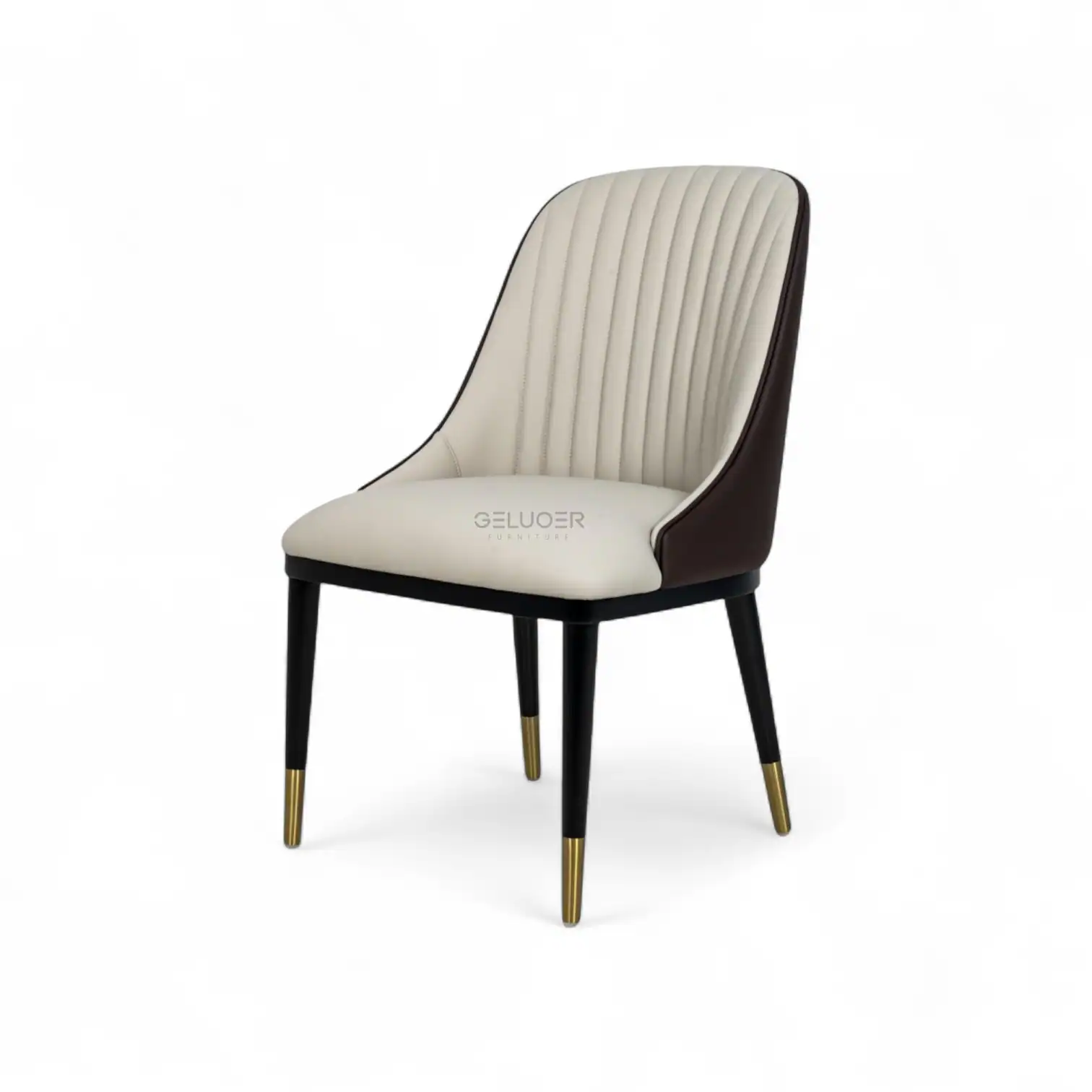 Elegant modern accent chair with cream upholstery and black gold-tipped legs by Geluoer Furniture.