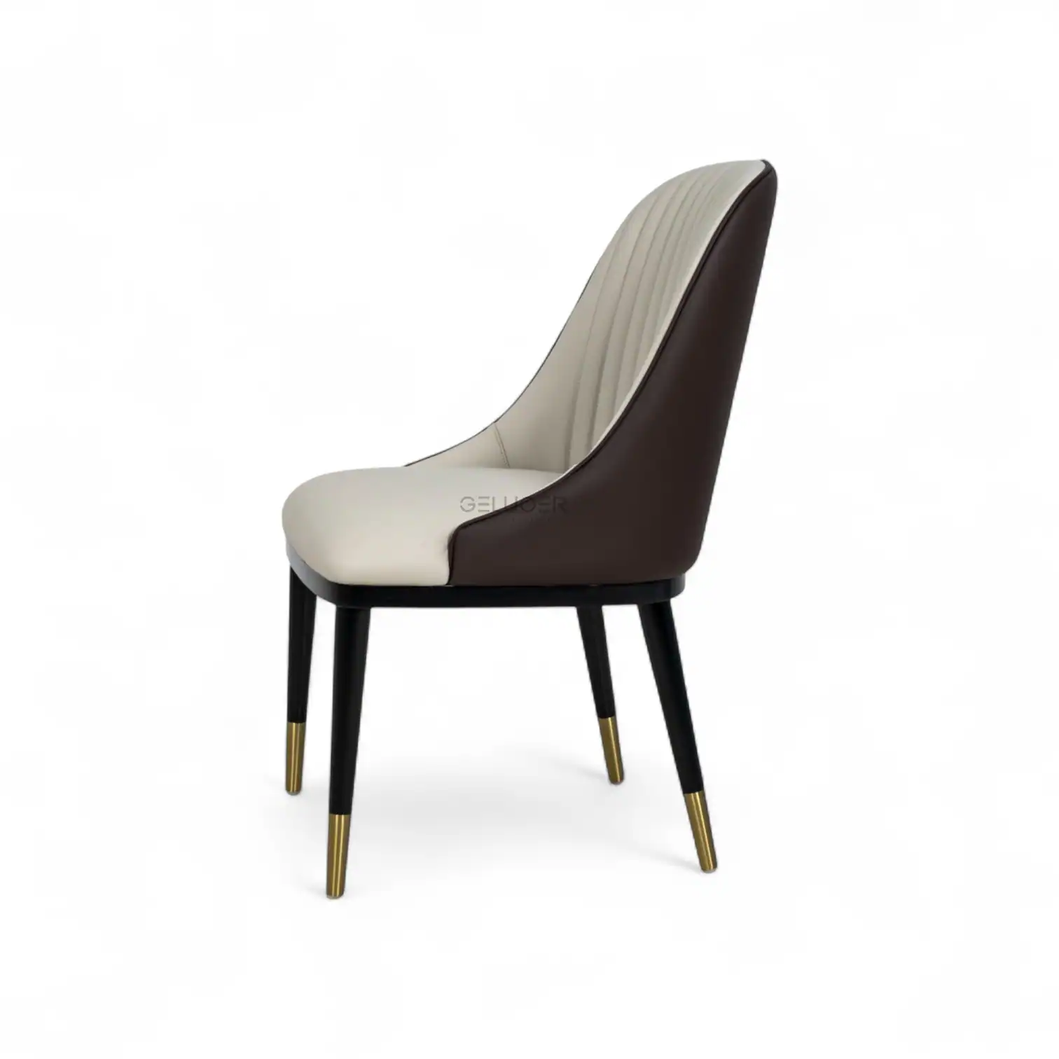 Luxury modern dining chair with black wooden legs and Gold-tipped detailing.