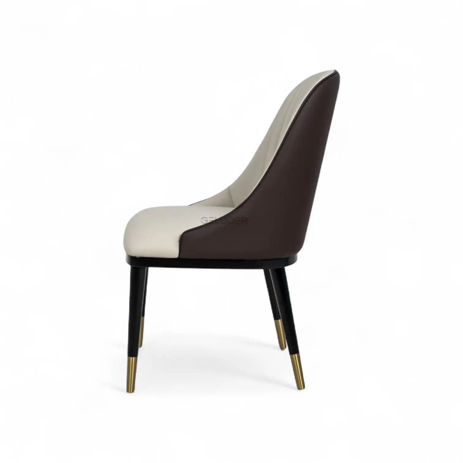 Sleek modern dining chair with beige and dark brown leather upholstery, gold-accented black legs.