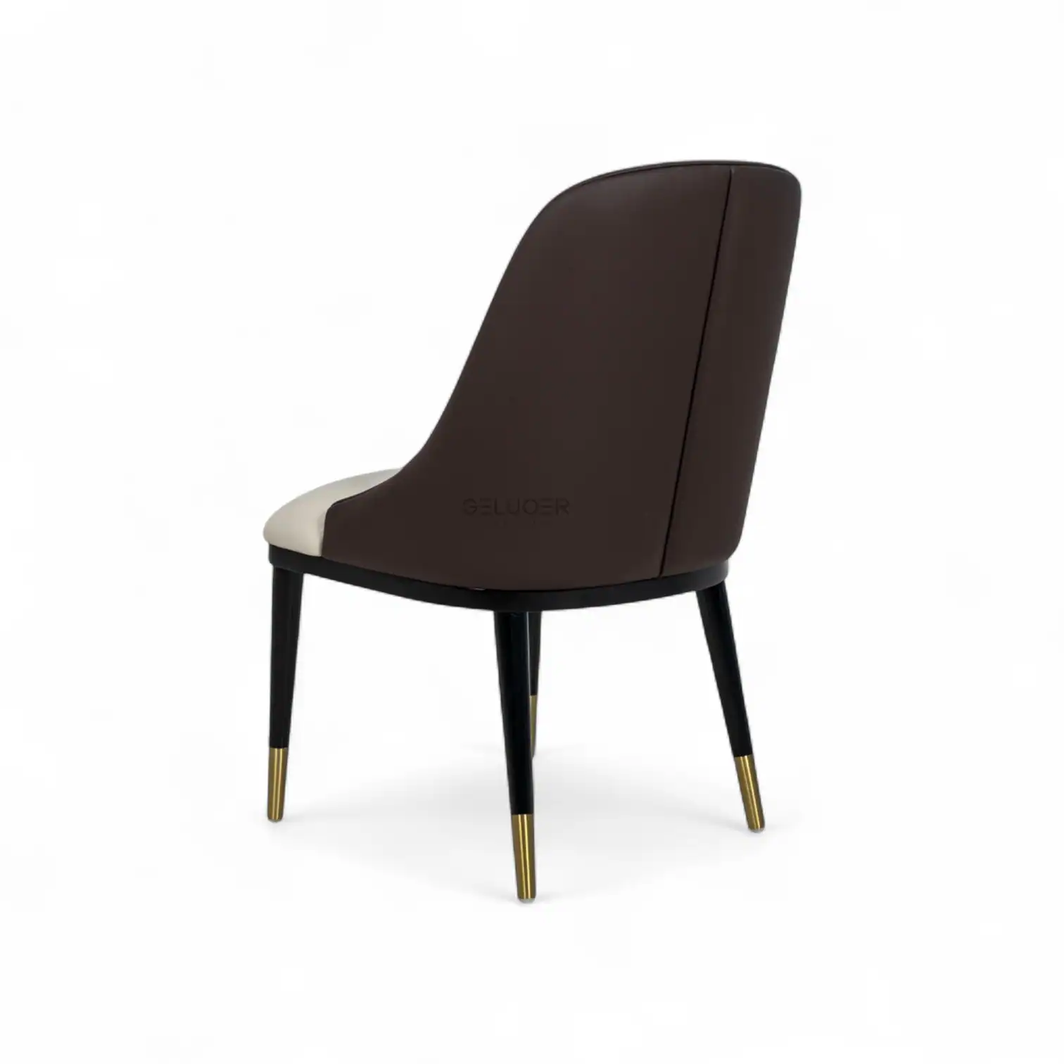 Elegant modern dining chair with dark leather upholstery and gold-accented legs by Geluoer Furniture.