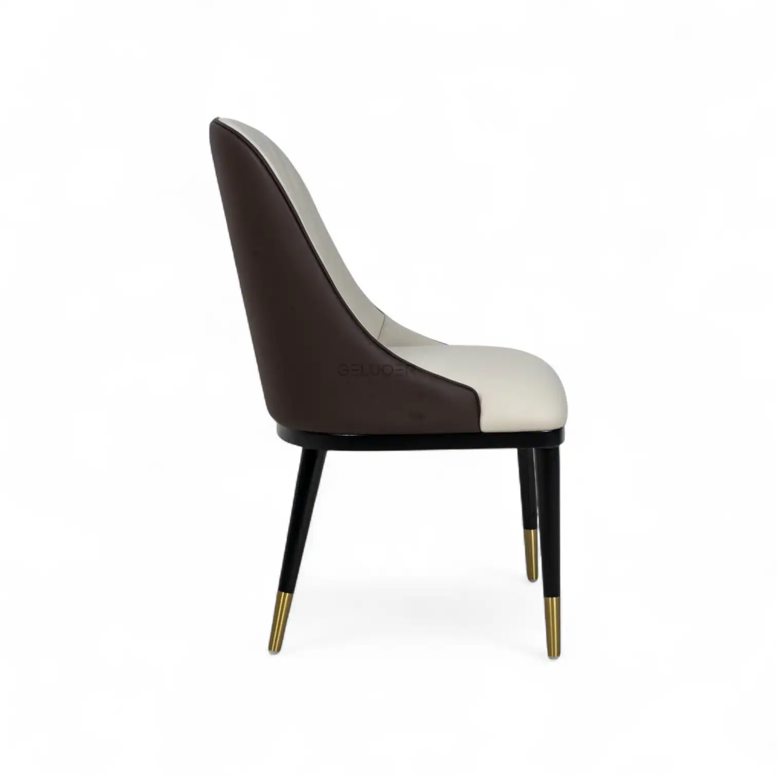 Elegant modern dining chair with black and cream leather, gold-tipped legs, stylish and comfortable.
