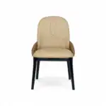 Modern beige and brown upholstered dining chair with black wooden legs from Geluoer Furniture.
