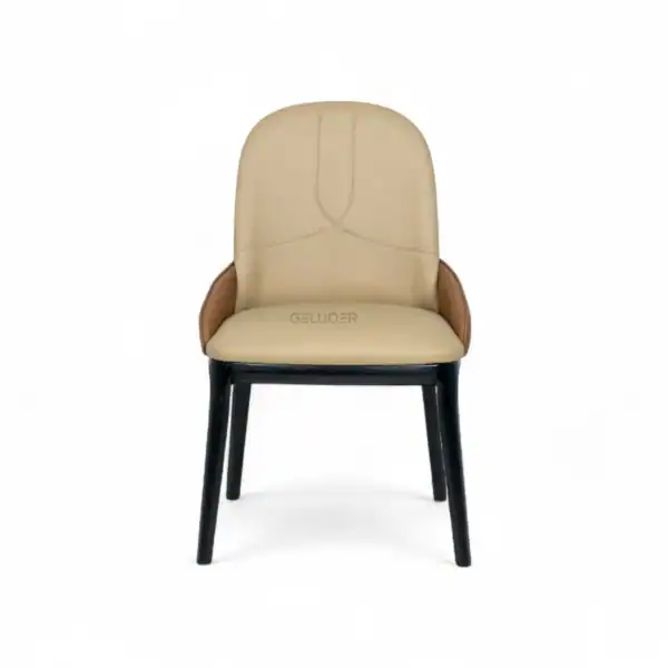 Modern beige and brown upholstered dining chair with black wooden legs from Geluoer Furniture.