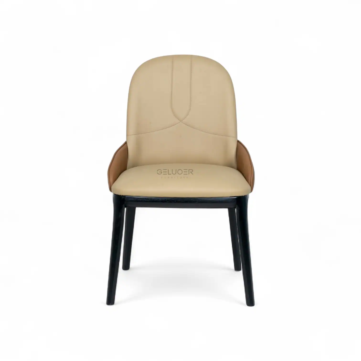 Modern beige and brown upholstered dining chair with black wooden legs from Geluoer Furniture.