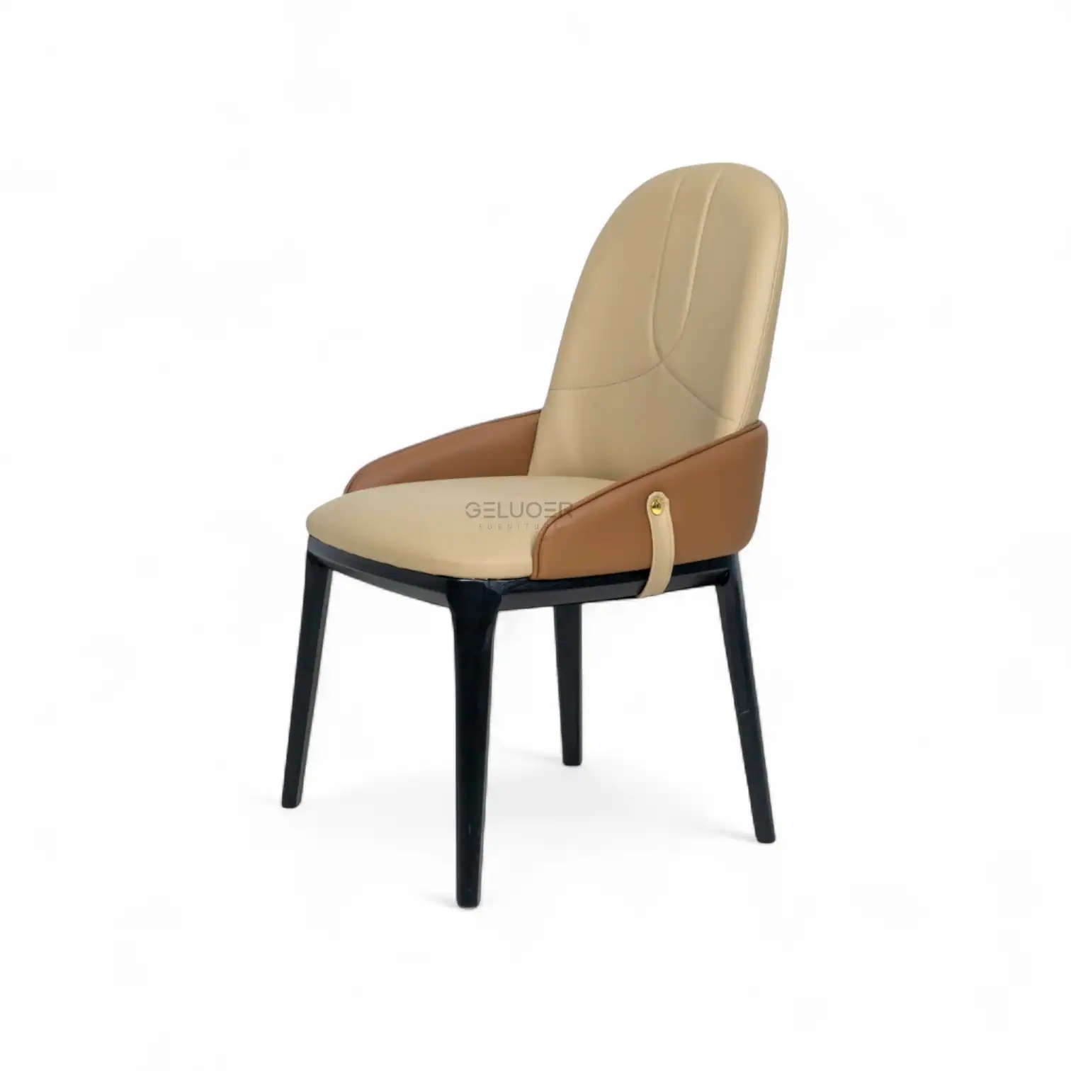Luxurious modern beige and brown upholstered dining chair with black wooden legs and stylish armrest detail.