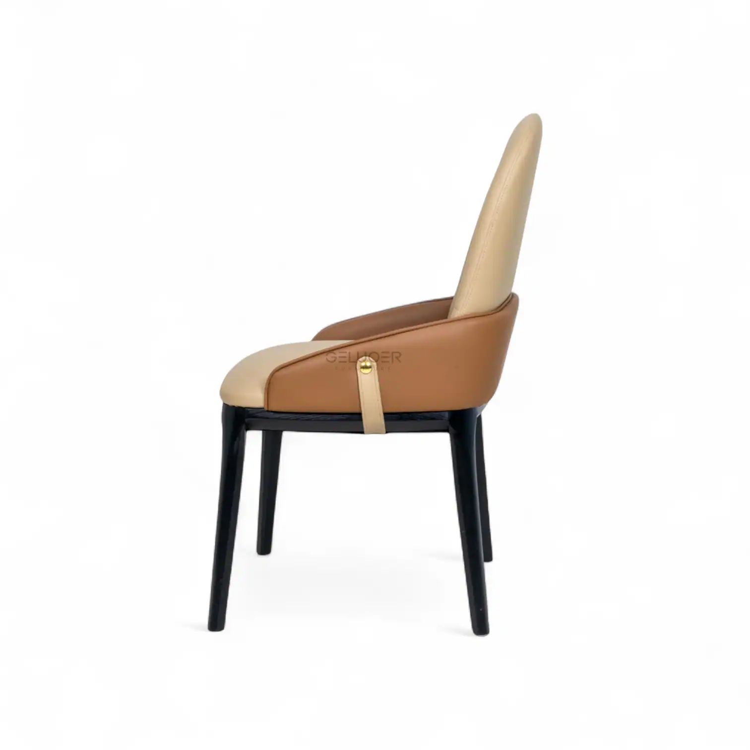 Elegant modern dining chair with beige and tan faux leather upholstery and black wooden legs.