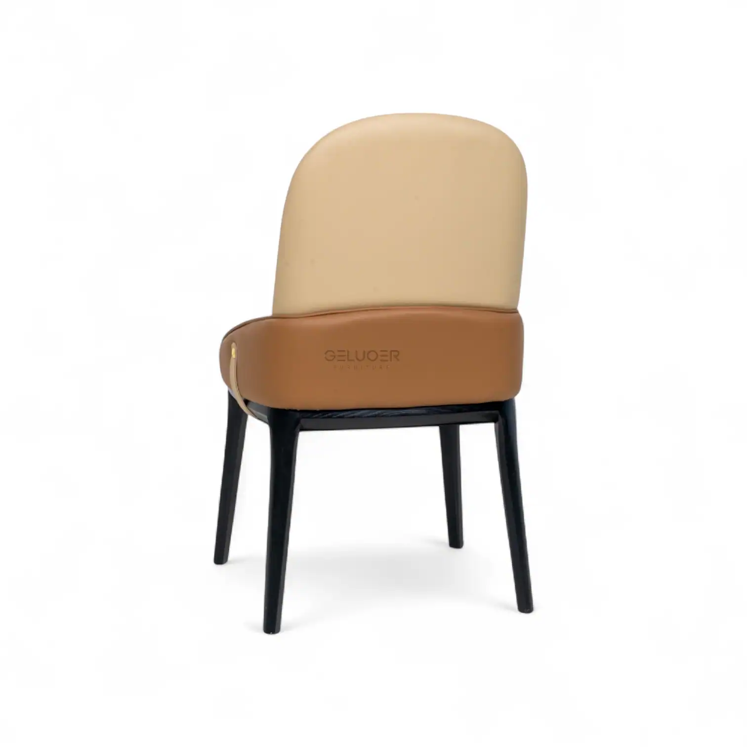 Contemporary beige and brown upholstered dining chair with black wooden legs.
