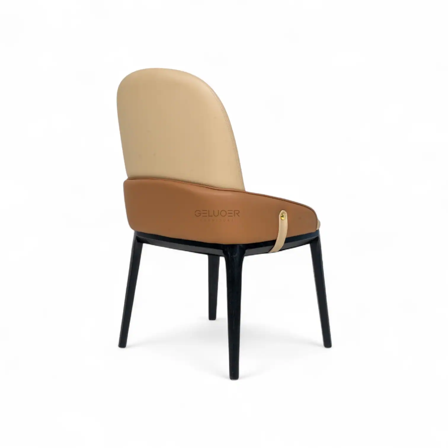 Elegant modern dining chair with beige and brown leather upholstery, black wooden legs, stylish design from Geluoer Furniture.