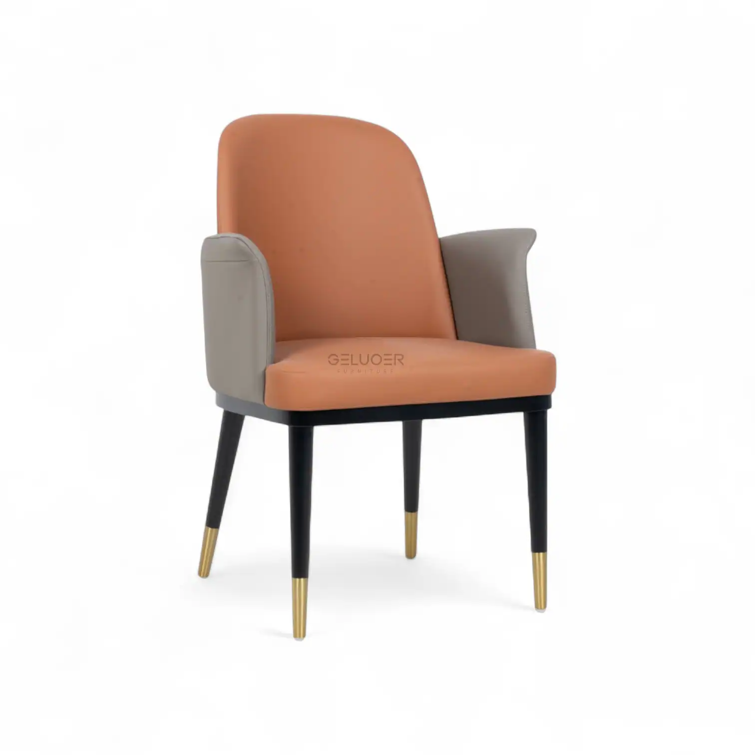 Elegant modern armchair with peach and gray upholstery, wooden and gold accented legs for stylish home decor.