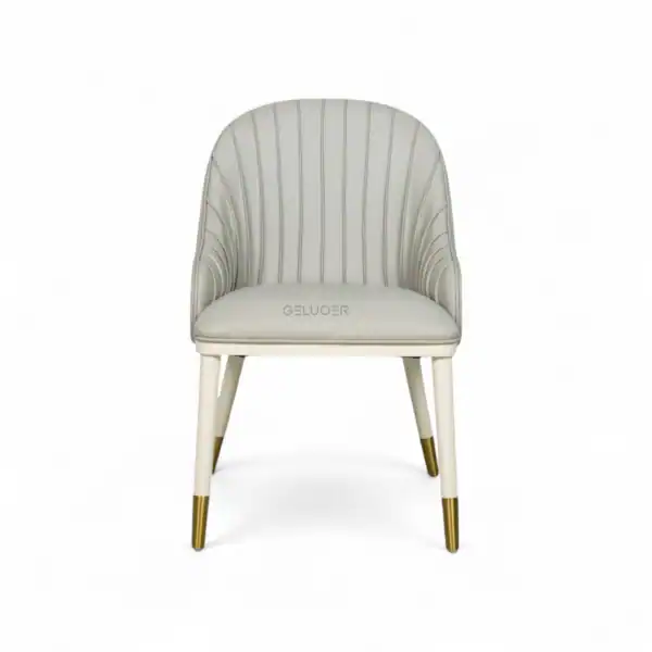 Elegant white upholstered armchair with gold-tipped wooden legs, modern design by Geluoer Furniture.