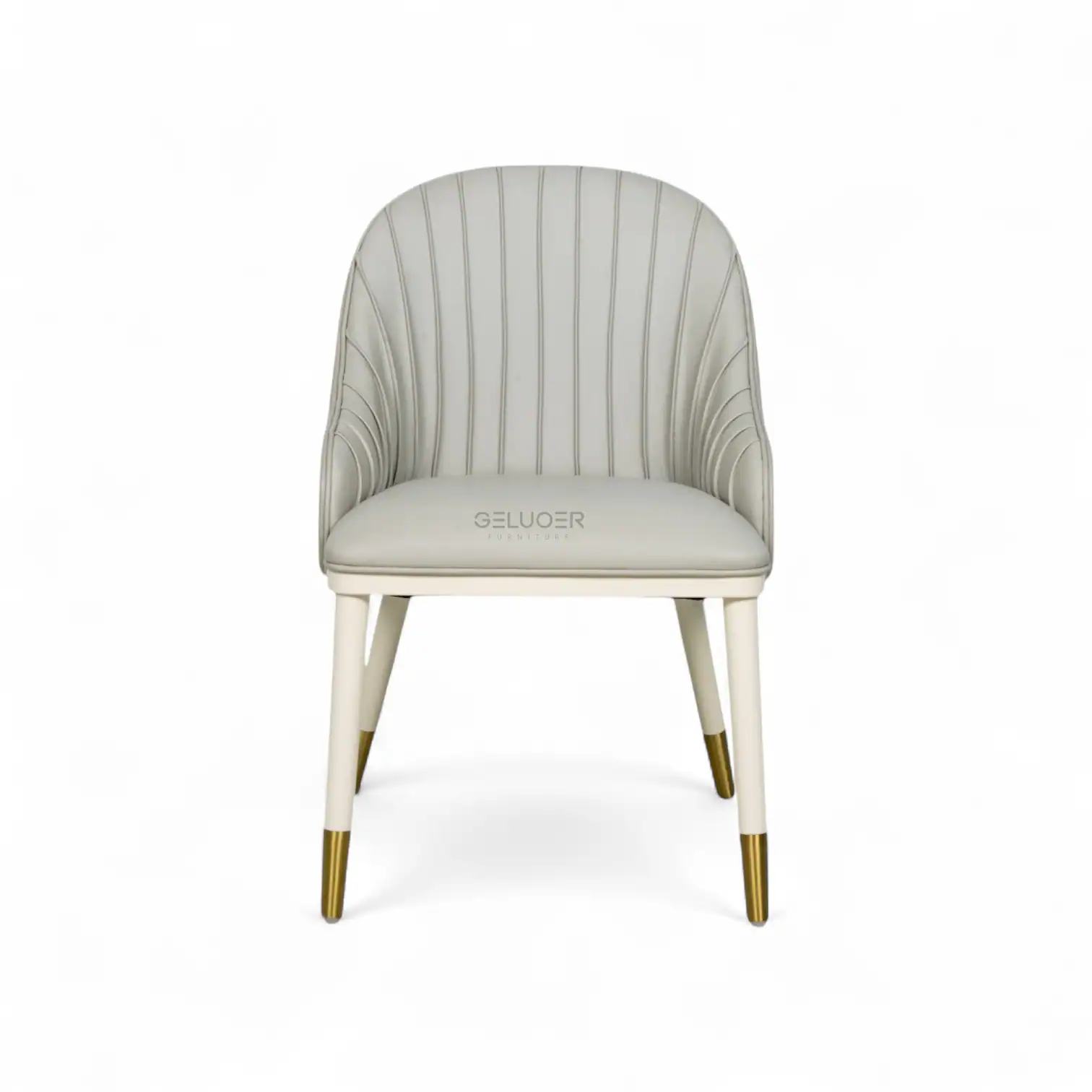 Elegant white upholstered armchair with gold-tipped wooden legs, modern design by Geluoer Furniture.