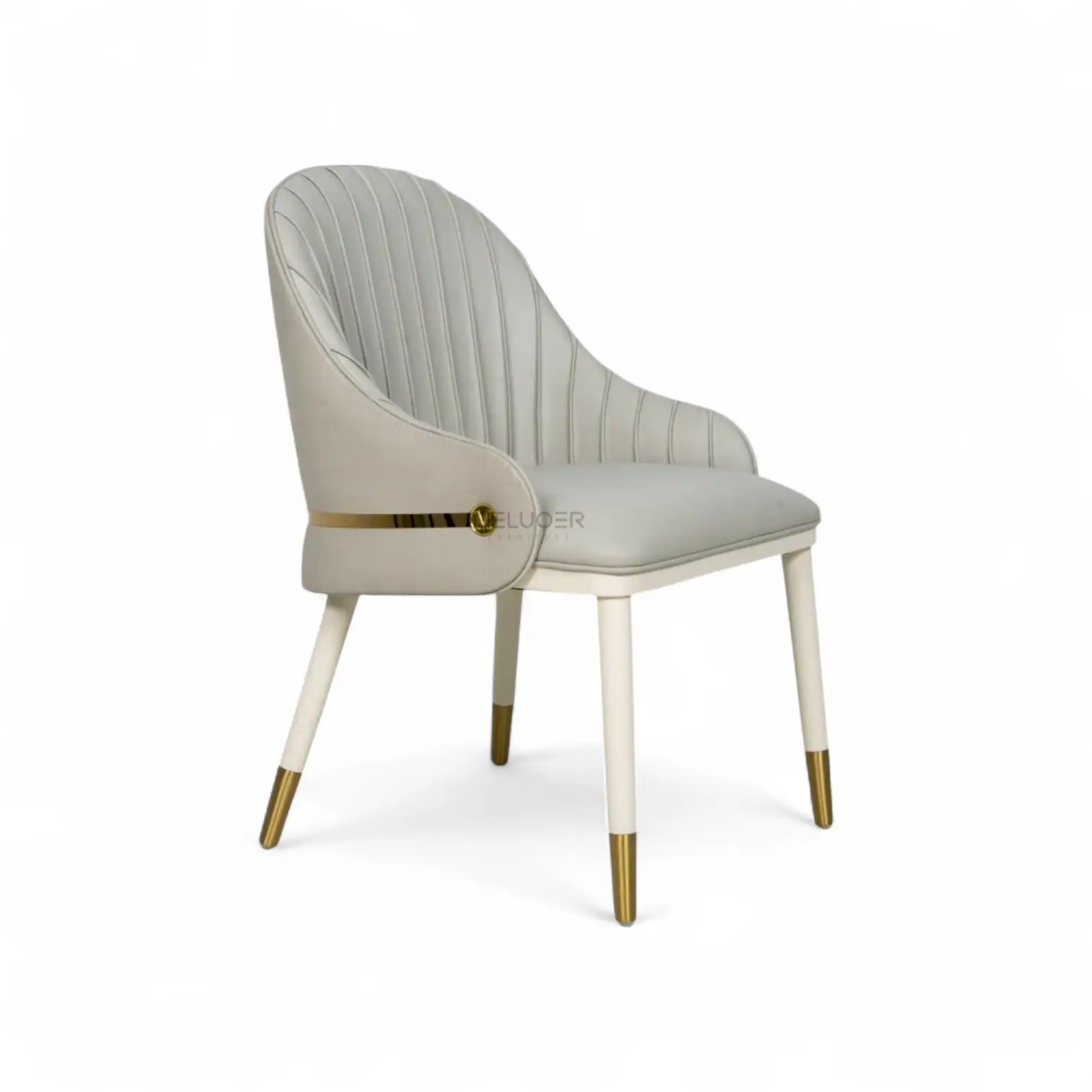 Luxurious white upholstered dining chair with gold accents, modern elegant furniture piece.
