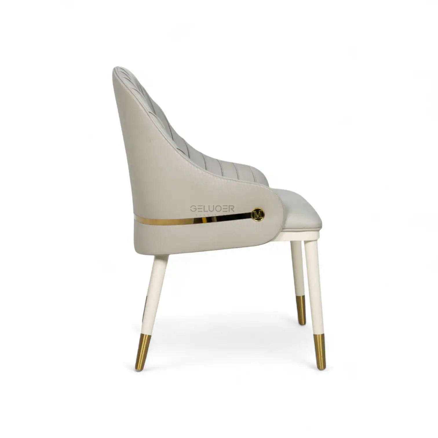 Luxurious white leather accent chair with gold details, Stylish modern furniture for living room decor.