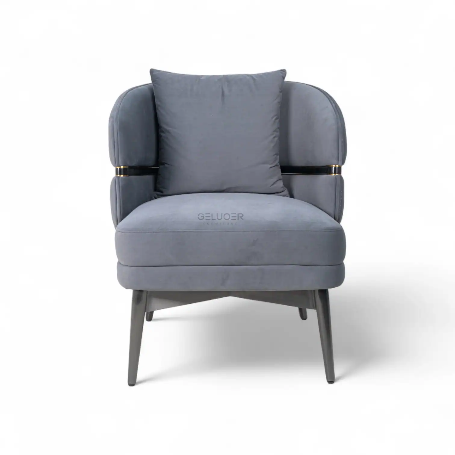 Luxurious gray velvet armchair with modern design and wooden legs. Perfect for contemporary living rooms.
