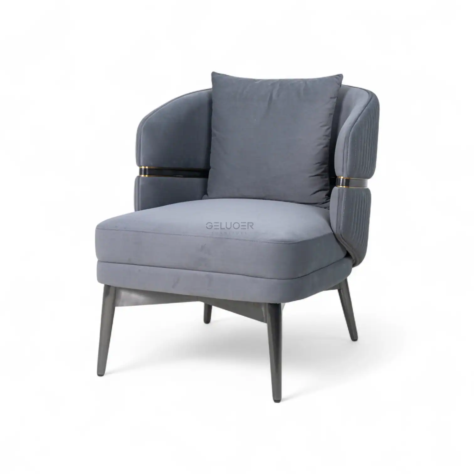 Luxurious gray velvet modern armchair with metal accents and wooden legs.