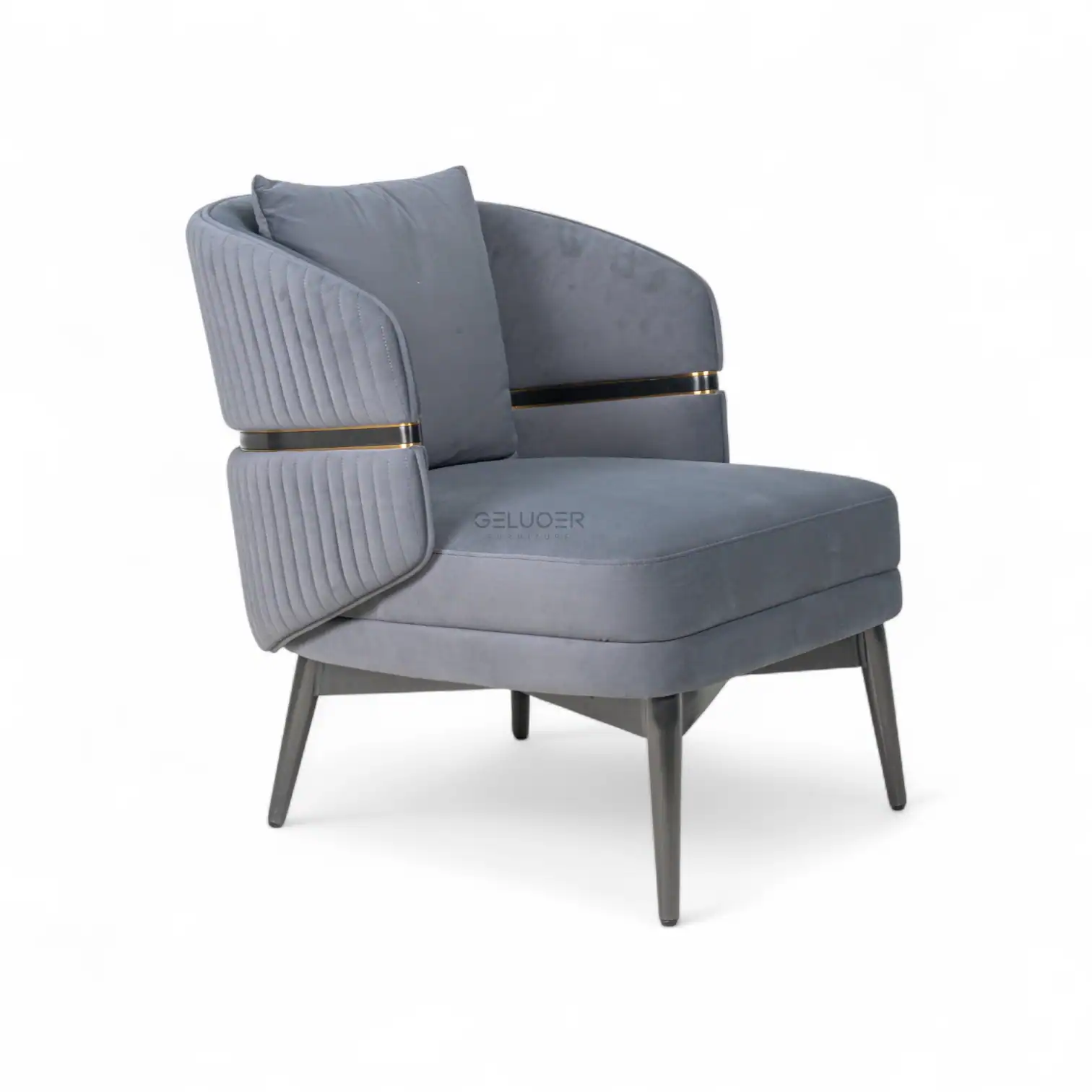 Luxurious grey velvet armchair with modern design and sleek metal legs for stylish home decor.