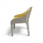 Elegant modern lounge chair with plush yellow upholstery and sleek gray wooden frame.