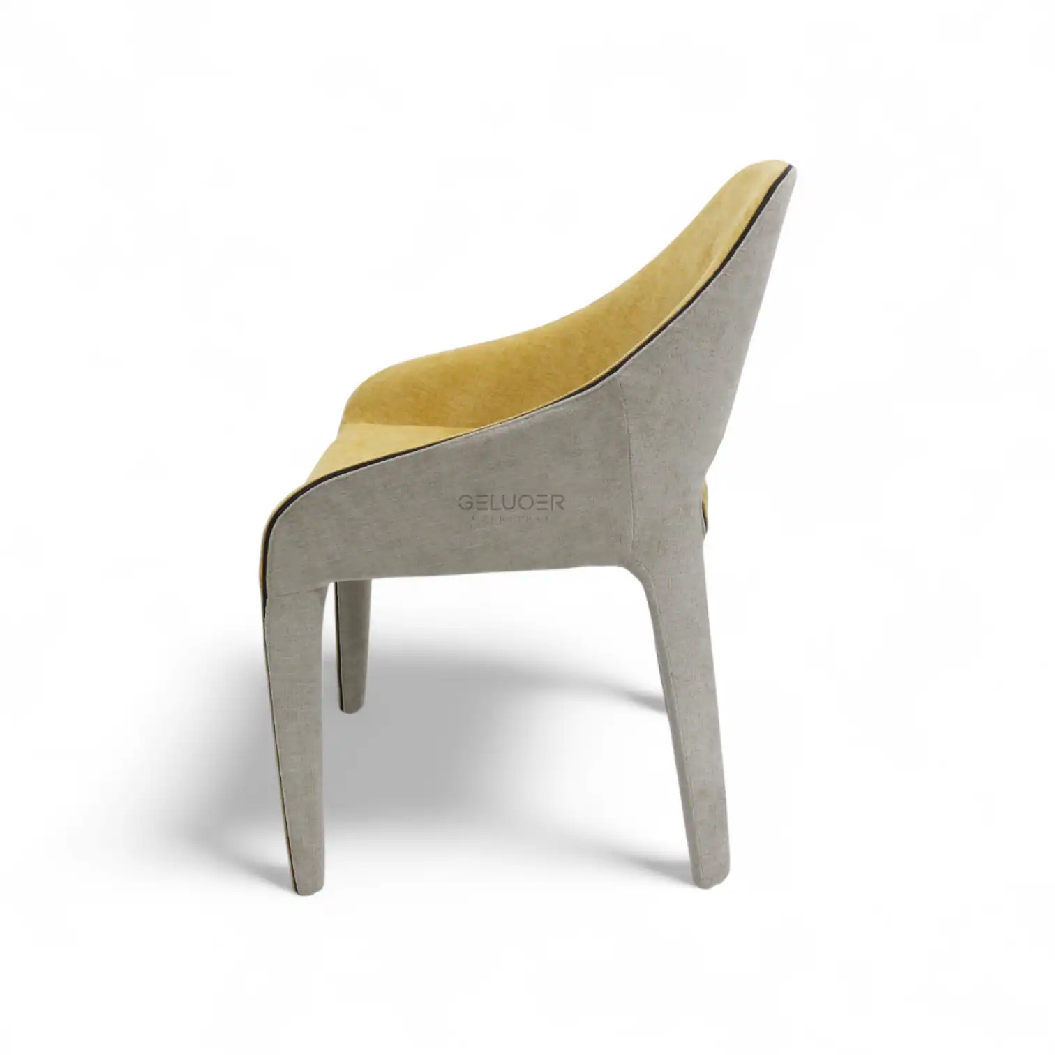 Elegant modern lounge chair with plush yellow upholstery and sleek gray wooden frame.