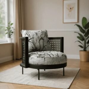 Stylish modern accent chair with woven details and cozy patterned cushions, perfect for contemporary living spaces.