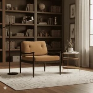 Elegant beige sofa with dark wooden frame in modern living room setting.