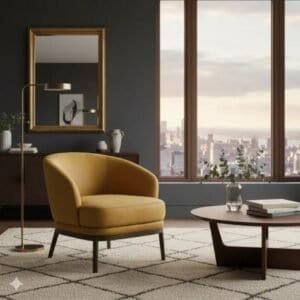 Modern mustard yellow armchair in stylish living room with city view, emphasizing elegant furniture design.