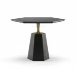 Sleek modern black and gold accent table with geometric base, perfect for contemporary home decor.