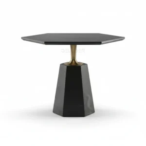 Sleek modern black and gold accent table with geometric base, perfect for contemporary home decor.