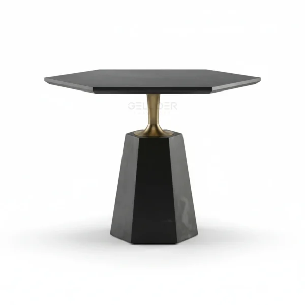 Sleek modern black and gold accent table with geometric base, perfect for contemporary home decor.