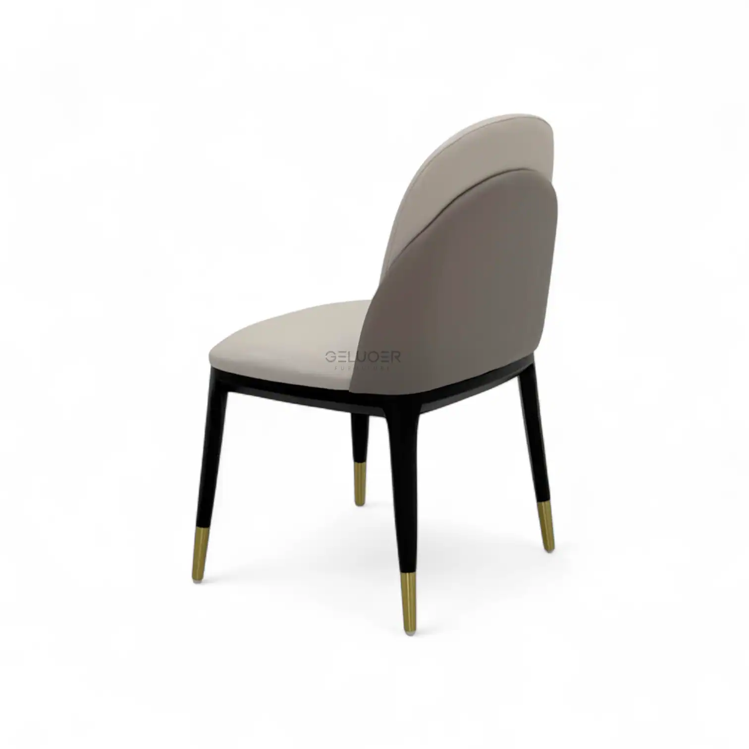 Elegant modern dining chair with beige and gray upholstery, black and gold tapered legs, perfect for sophisticated interior decor.
