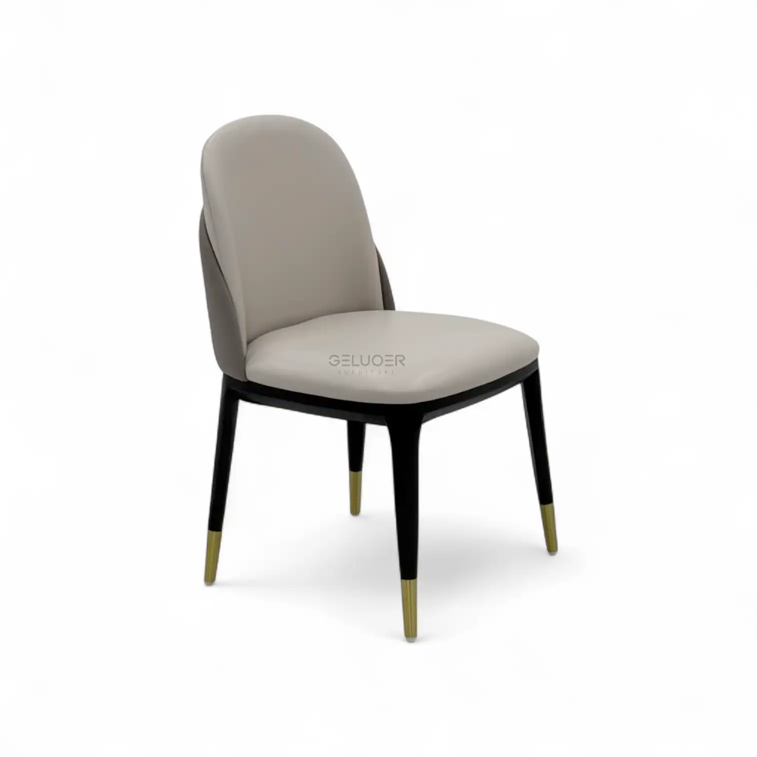 Elegant modern dining chair with beige upholstery and black legs with gold accents, perfect for contemporary furniture designs.