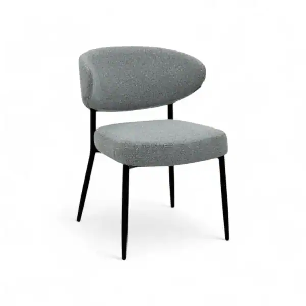Contemporary gray fabric armchair with black wooden legs for modern living spaces.
