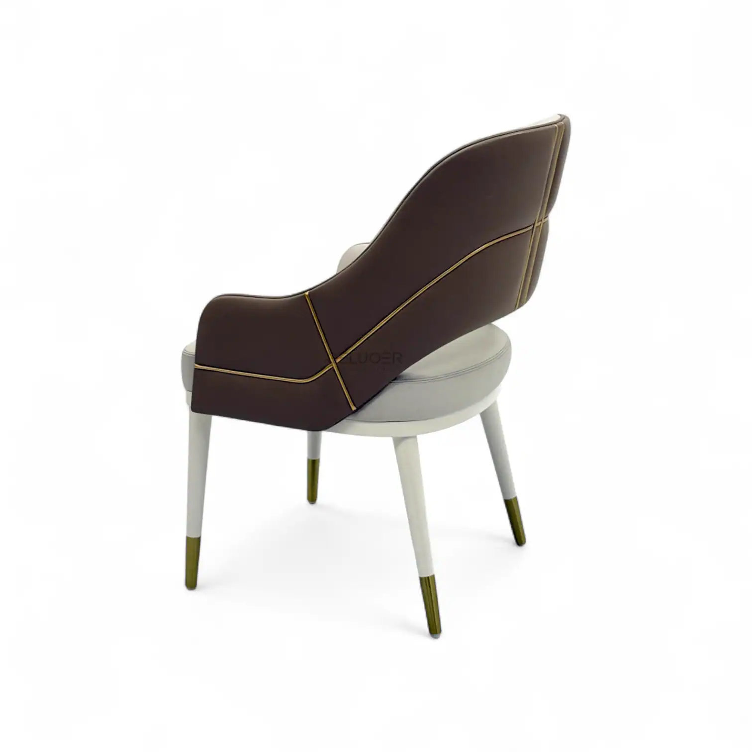 Elegant modern accent chair with brown leather upholstery and gold accents for stylish home decor.
