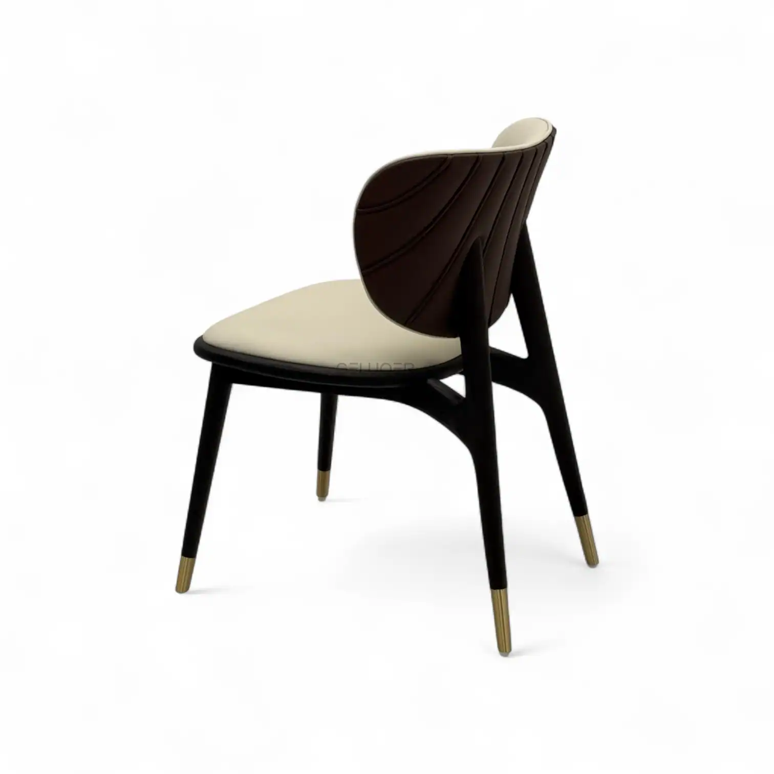 Elegant modern dining chair with dark wood finish and cream upholstered seat, stylish contemporary furniture design.