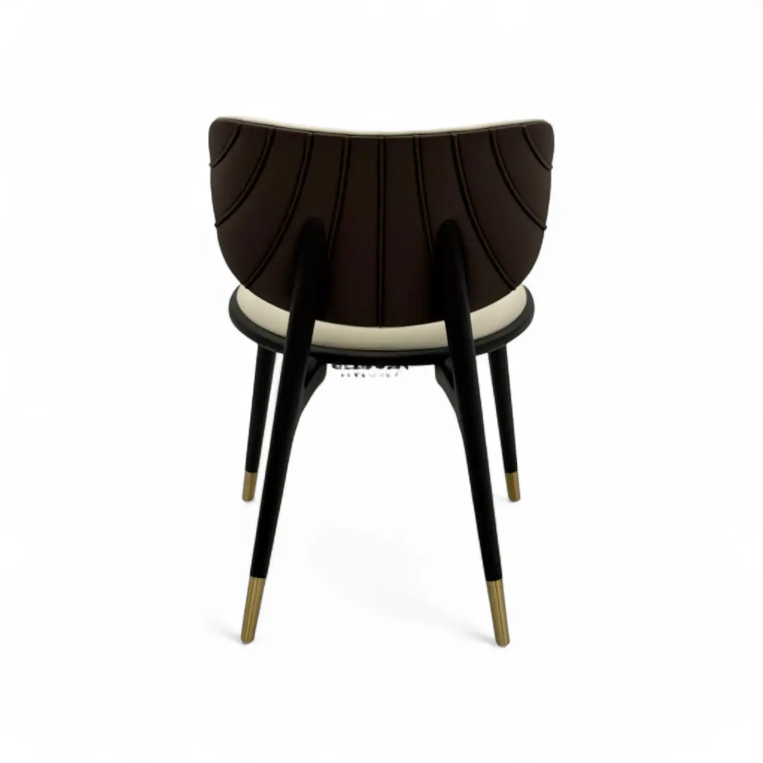 Elegant modern wooden dining chair with black and white upholstery and gold-tipped legs.