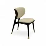 Elegant modern dining chair with beige and black upholstery and gold accents, perfect for stylish interiors.