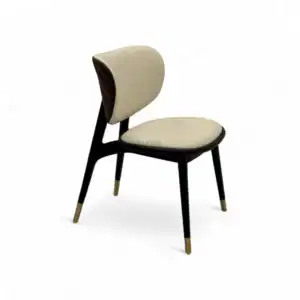 Elegant modern dining chair with beige and black upholstery and gold accents, perfect for stylish interiors.