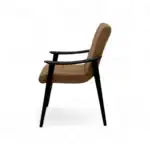 Comfortable modern office chair with beige leather upholstery and black wooden armrests.