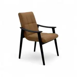 Sleek leather dining chair with black wooden frame, modern and comfortable design.