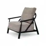 Comfortable modern lounge chair with plaid upholstery and black wooden frame.