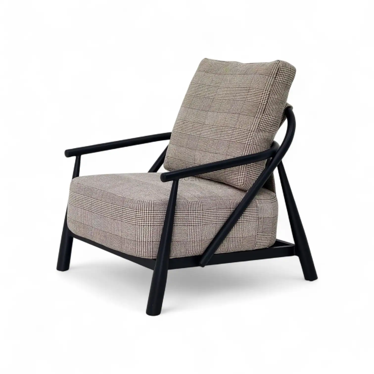 Comfortable modern lounge chair with plaid upholstery and black wooden frame.