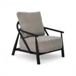 Vintage modern armchair with black wooden frame and plaid fabric cushion.