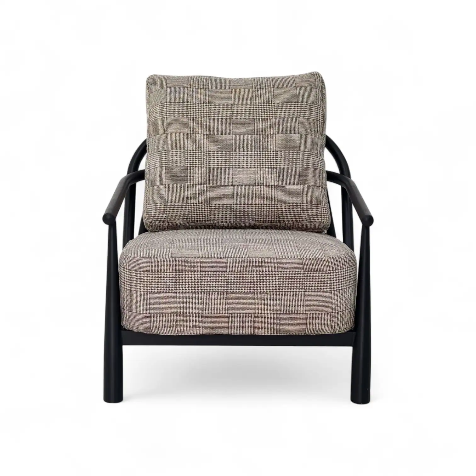 Modern upholstered accent chair with plaid fabric and black wooden frame, ideal for living rooms or offices.