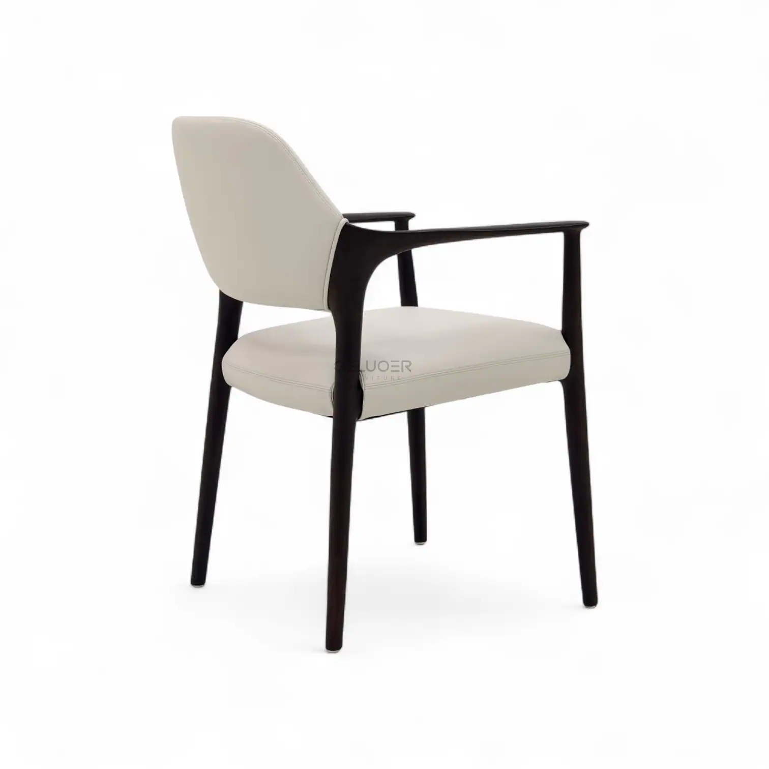 Elegant modern armchair with beige upholstered seat and backrest, black wooden frame, ideal for upscale home or office decor.