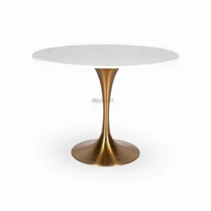 Sleek modern round marble dining table with a gold metallic pedestal base for luxury home decor.