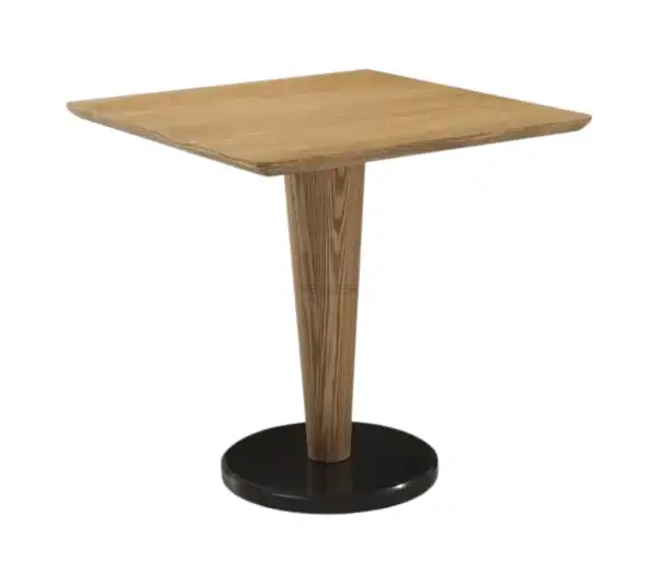 Wooden square side table with black round base.